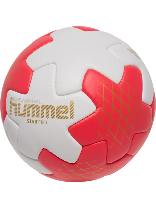 Hummel Star Pro turneringshåndbold i hvid og rød med guldfarvet hummel-tryk og guldnet