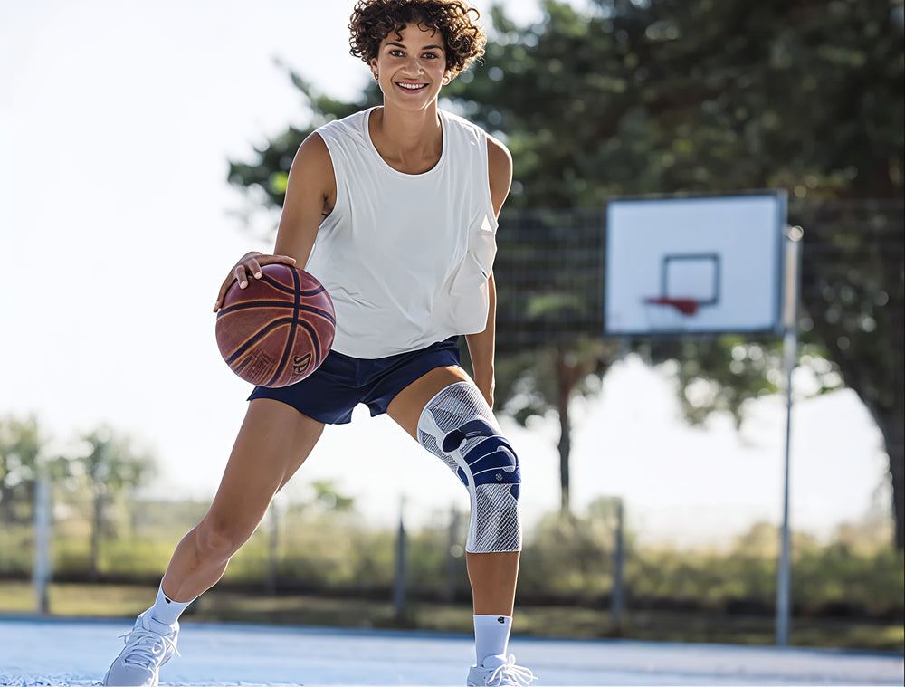 Smilende kvinde dribler basketball udendørs på bane, med grå knæbandage på det ene knæ